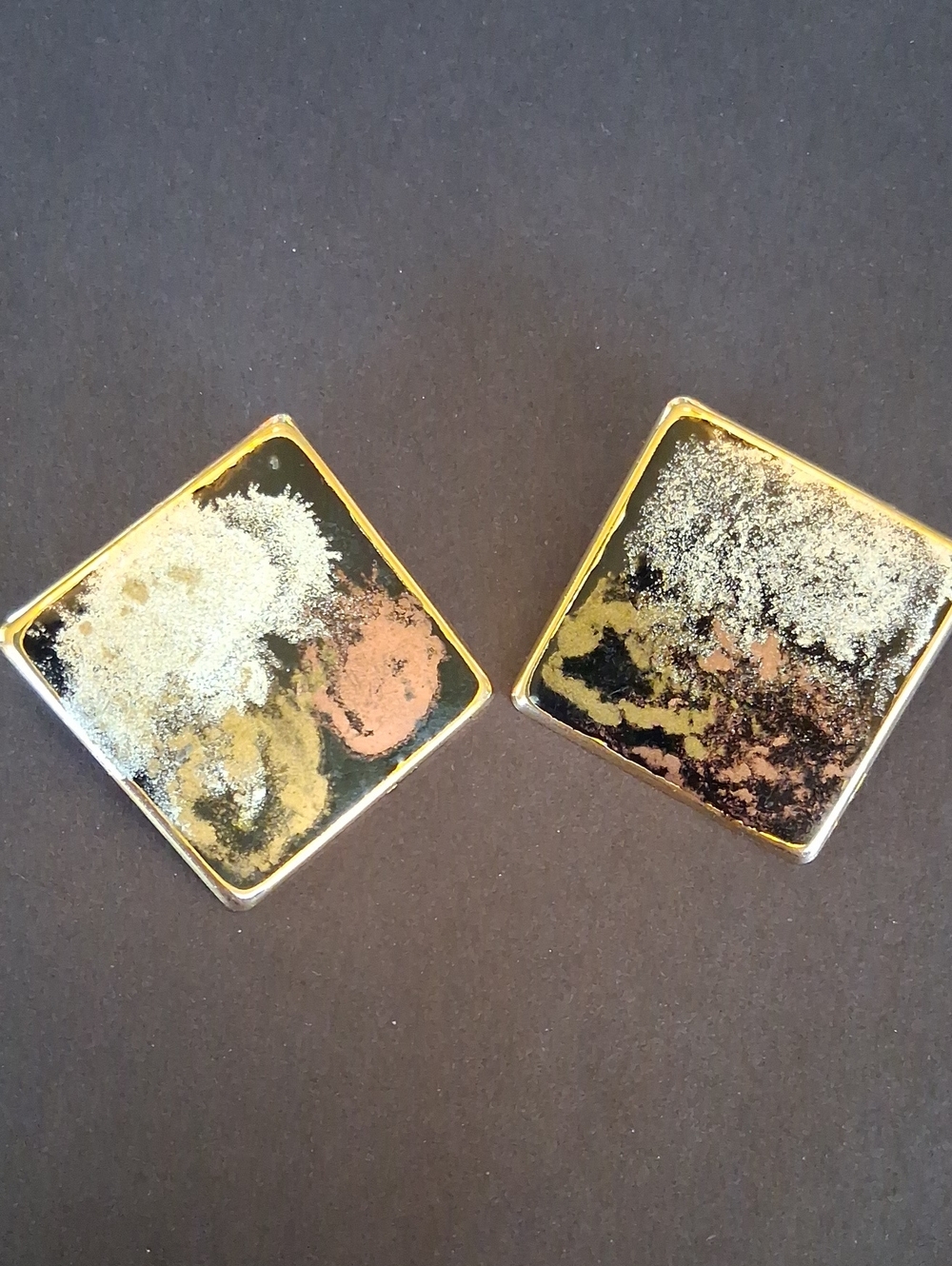 Vintage Gold-Tone Black & Metallic Square Stud Earrings